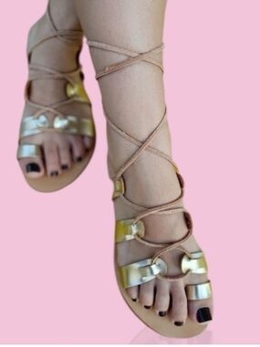 Ancient Greek Sandals Metallic Gold and Silver Lace-Up Gladiator Sandals